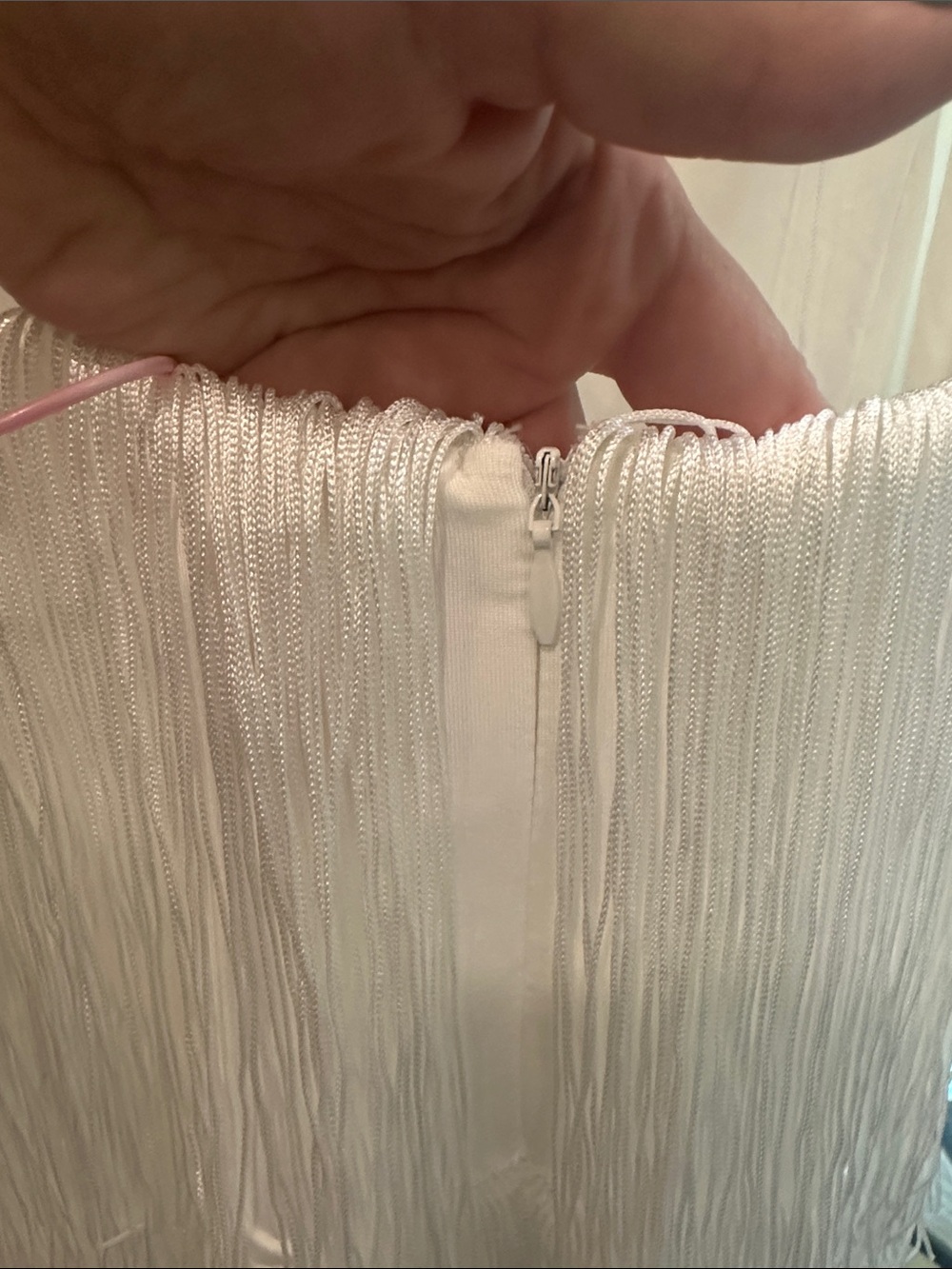 White Fringe Slip Dress with V-Neck - Picture 3 of 4
